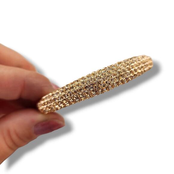 Vintage Joan Boyce Champagne Tan Rhinestone Rose Gold Clamper Bangle Bracelet